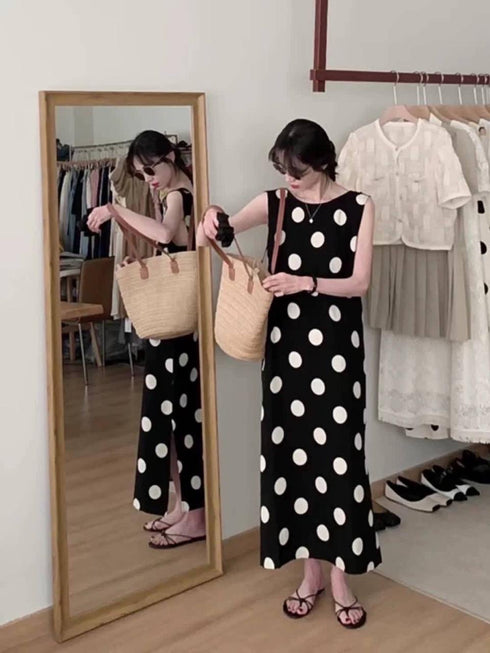 Polka Dot Sleeveless Long Side Slit Casual Dress